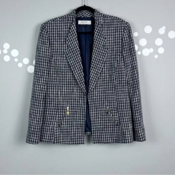 Tahari Arthur S. Levine Tweed Blazer Size 16 Navy Wool Blend Gold Zip - Picture 1 of 10